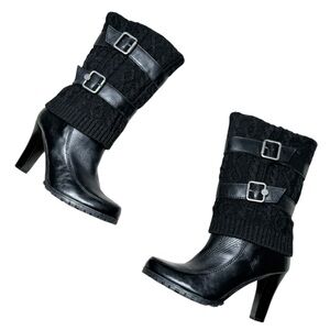 Black mid-calf chunky knit boots.